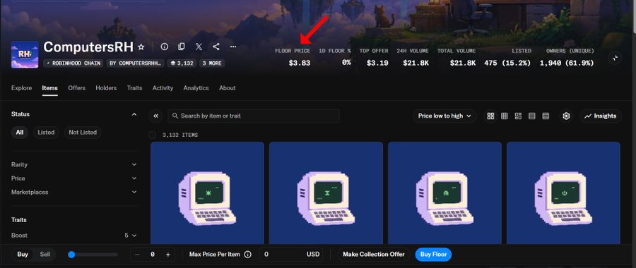 A screenshot of an NFT marketplace showing the 'ComputersRH' collection on the Rootwood Chain, with a floor price of $3.83, displaying pixel-art laptop collectibles.