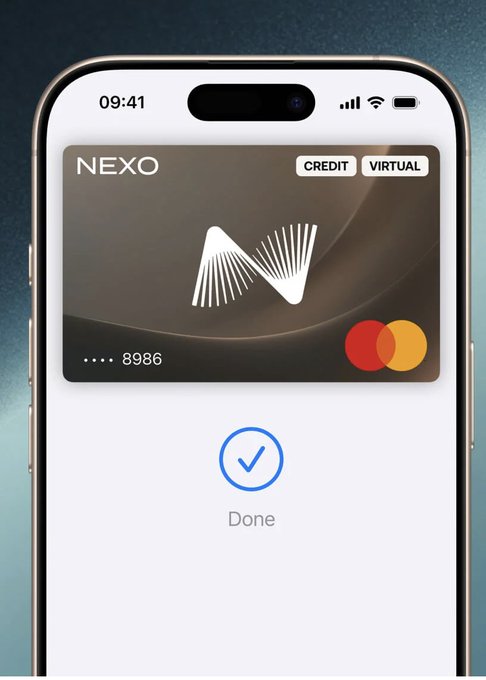 The image shows a smartphone displaying a NEXO virtual credit card with a Mastercard logo, ending in 8986, alongside a "Done" confirmation checkmark. This visually represents the NEXO crypto card mentioned in the post, illustrating the product being highlighted for its significant transaction volume.