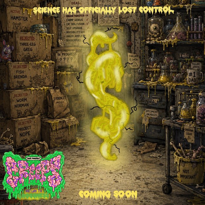 Promotional poster titled 'SCIENCE HAS OFFICIALLY LOST CONTROL' featuring a glowing yellow specimen in a messy lab with boxes labeled 'REJECTED: HAMSTER,' 'THREE-LEG GREG,' 'FISH BRENDA,' 'WORM NORMAN,' and 'PROJECT NOPE,' marked 'COMING SOON.'
