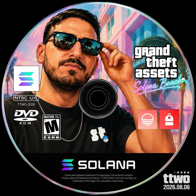 A satirical DVD-style disc features a man in sunglasses with a palm tree reflection, branded as "Grand Theft Assets: Solana Beach" and displaying the Solana logo, "TTWO-2026," a release date of "2026.08.06," and a fake "Mature 17+" rating. The image humorously frames Solana's ecosystem as launching its own "GTA" version in the form of $TTWO tokenization, mocking the absence of a physical disc for GTA 6 while promoting Solana's upcoming token listing.