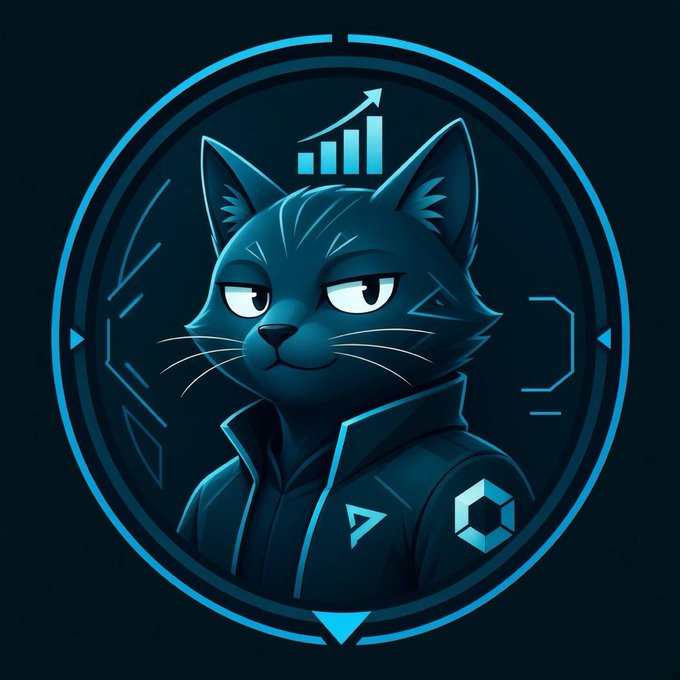 A stylized digital illustration of a blue-toned cat character in a futuristic circular emblem, featuring a small rising bar chart graphic above its head.