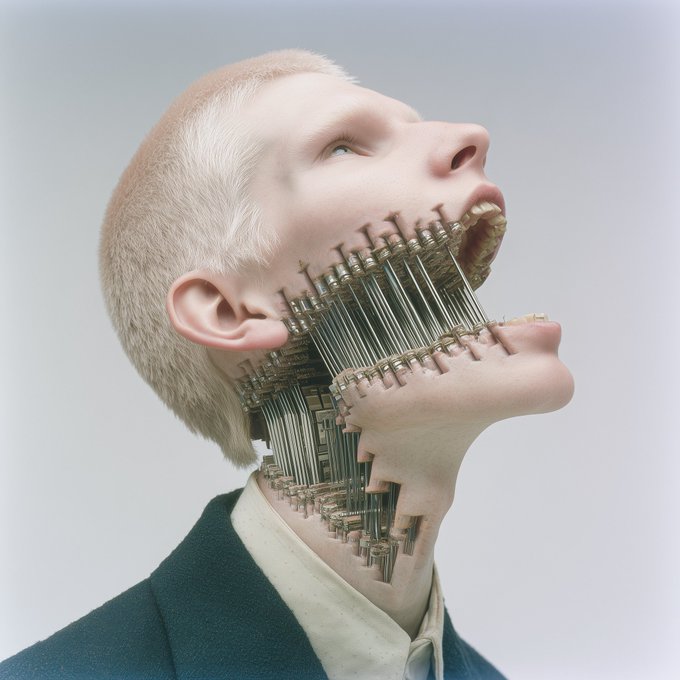 A surreal profile portrait of a person with a buzz cut, wearing a green jacket, whose face and neck appear to be disintegrating or unzipping to reveal metallic mechanical components beneath the skin.