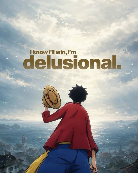An anime-style illustration of a character in a red jacket and straw hat looking out over a cityscape, with the text 'i know i'll win, i'm delusional.' overlaid.