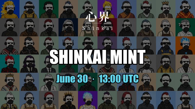 The image is a promotional banner for the Shinkai Mint, featuring a grid of pixel-art character portraits wearing masks and headphones, with the text "心界 Shinkai," "SHINKAI MINT," and "June 30 · 13:00 UTC" overlaid to announce the mint date and time.