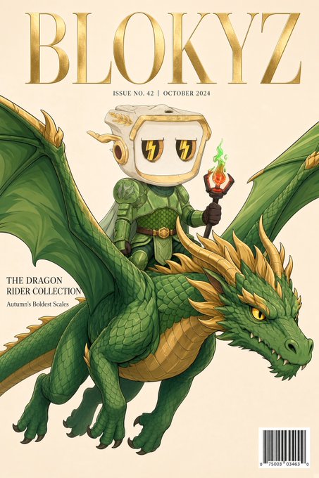 A magazine cover titled "BLOKYZ ISSUE No. 42 | OCTOBER 2024" features an illustration of a blocky knight riding a green dragon with the text "THE DRAGON RIDER COLLECTION".