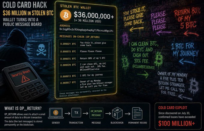 An infographic detailing the "Cold Card Hack" reveals a stolen Bitcoin wallet containing $36 million has become a public message board, with users attaching small BTC transactions to send permanent on-chain messages via OP_RETURN, including pleas like "Return 80% of my 5 BTC" and "Please Please Please." The graphic highlights that confirmed losses from the exploit, discovered on July 30, have exceeded $100 million.