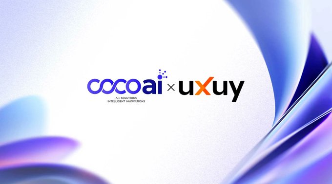 The image displays a partnership announcement featuring the "cocoai" logo (with "A.I SOLUTIONS INTELLIGENT INNOVATIONS" tagline) alongside the "uxuy" logo, separated by a "×" symbol, set against an abstract blue and purple background. It visually represents the strategic collaboration between COCO AI Network and UXUY, where UXUY's established infrastructure (wallet, multi-chain capabilities, and 10M+ users) is now being integrated to power COCO AI's agentic economy features, including AI aggregation, multi-agent orchestration, and compute coordination.