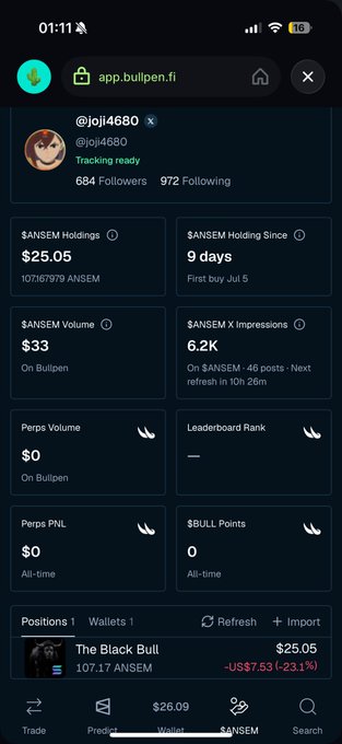 A mobile screenshot from app.bullpen.fi shows a user profile for @joji4680 with tracking enabled, displaying $ANSEM Holdings of $25.05, $ANSEM Volume of $33, and a position in 'The Black Bull' down 23.1%.