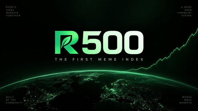 A promotional image for 'R500' described as 'THE FIRST MEME INDEX', featuring text like 'PEOPLE IDEAS MARKETS TOGETHER' and 'MEMES MOVE MARKETS' over a green Earth from space.
