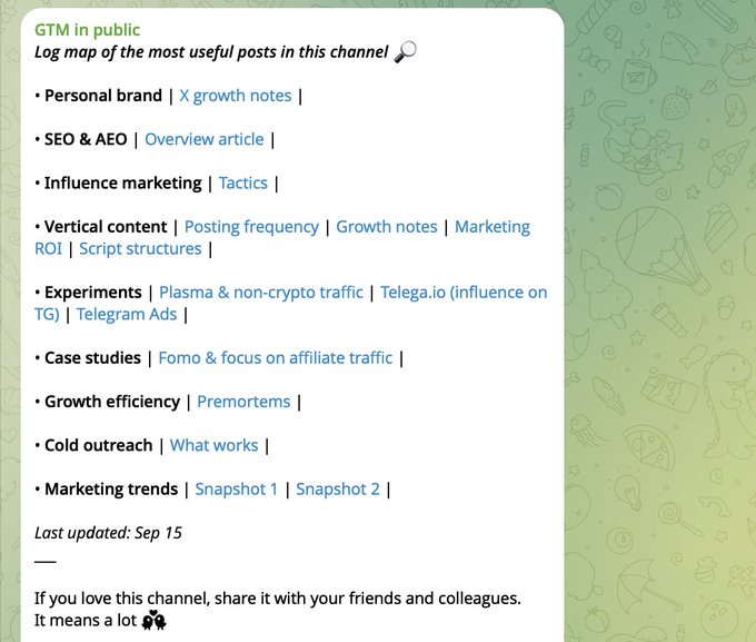A text graphic titled 'GTM in public' serves as a log map of marketing-related topics, listing categories like 'Personal brand', 'SEO & AEO', and 'Influencer marketing' against a light green background with faint food doodles.