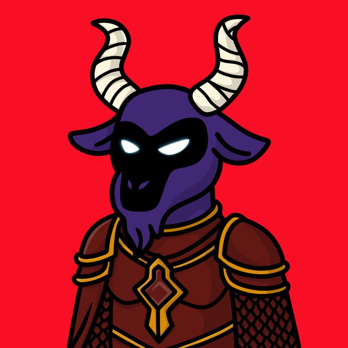 A digital illustration of a demonic figure with large curved white horns, glowing white eyes, and dark purple skin, wearing brown and gold armor against a solid red background.