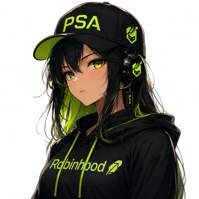 An anime-style illustration shows a girl with green and black hair wearing a black 'PSA' cap, a black hoodie reading 'Robinhood', and PSA-branded headphones.
