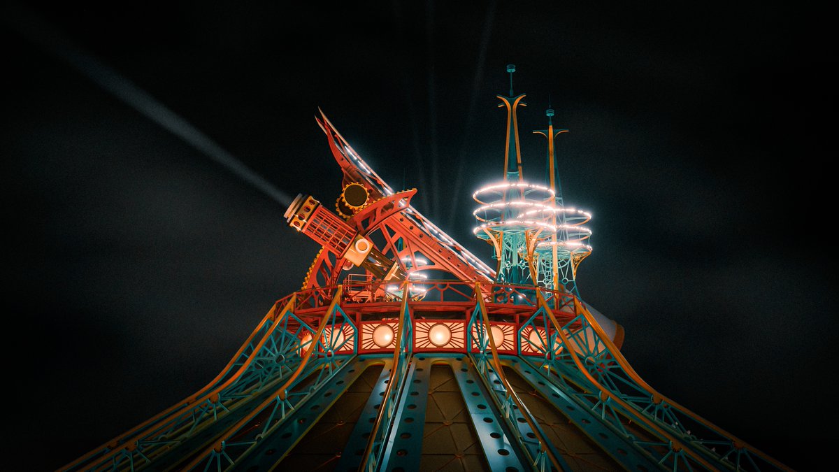 A vibrant, futuristic amusement park or sci-fi structure glows against a dark sky, with beams of light shooting skyward from an ornate tower, as if projecting wishes—or ambitions—toward the Moon. The dramatic upward light rays capture the hopeful, dream-like spirit of "Manifesting for the Moon."