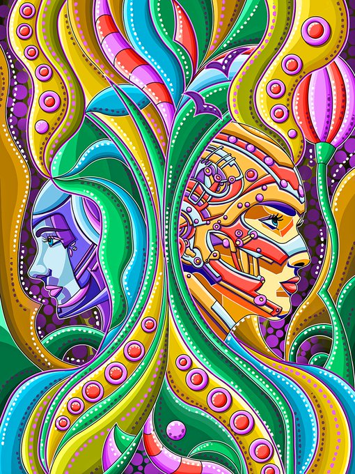 A vibrant, psychedelic digital artwork featuring two stylized faces—one with a cybernetic/mechanical design—nestled within flowing, colorful floral and botanical patterns rendered in bright greens, yellows, purples, and pinks, evoking the dreamy, emotional atmosphere suggested by the "Good night, wonderful dreams" message.