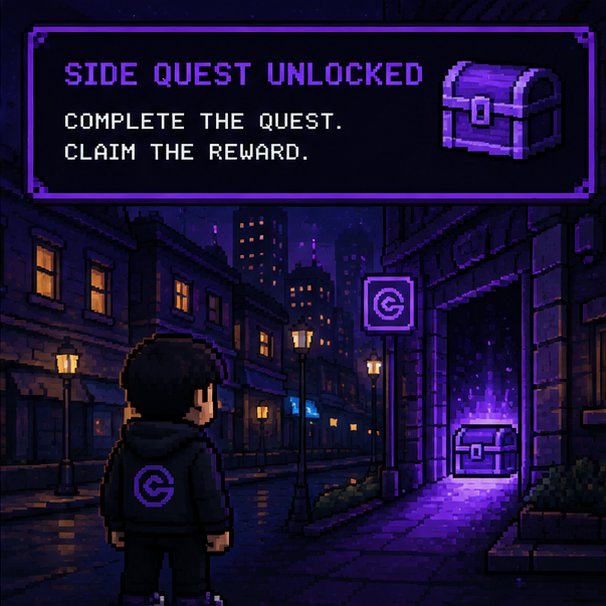 A pixel-art image shows a hooded figure standing on a dimly lit city street at night, gazing at a glowing purple treasure chest that emanates magical light, with a banner above reading "SIDE QUEST UNLOCKED – COMPLETE THE QUEST. CLAIM THE REWARD." and a floating "E" logo nearby, visually representing Echobit's September airdrop side quest where completing the challenge (trading futures and sharing 50,000 USDT) earns the reward.