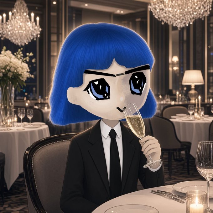 A stylized figure with blue hair and an anime-style face wearing a black suit and tie sits at an elegant dining table holding a champagne flute, set in a luxurious restaurant with chandeliers.