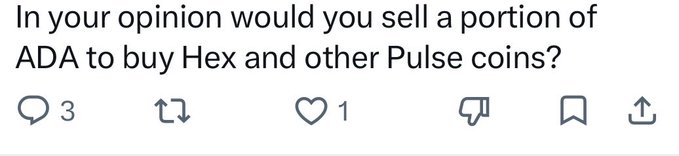A screenshot of a social media poll asking "In your opinion would you sell a portion of ADA to buy Hex and other Pulse coins?" with 3 replies and 1 like, illustrating the recent trend of ADA holders being encouraged to rotate into Hex and PulseChain ecosystem tokens.