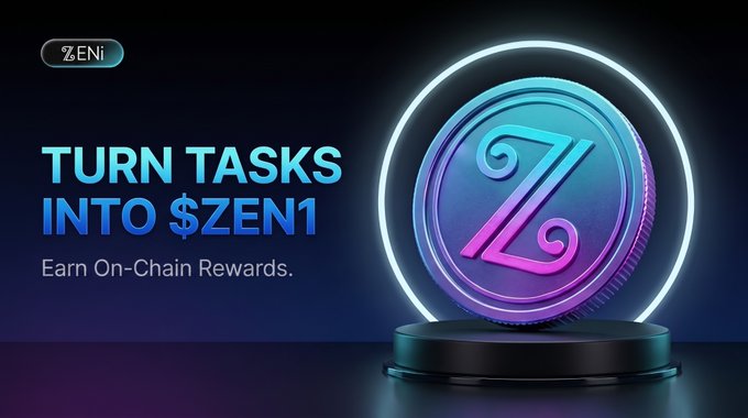 A vibrant digital advertisement for the cryptocurrency $ZENi with the text 'TURN TASKS INTO $ZENi' and 'Earn On-Chain Rewards', featuring a glowing 3D coin with a stylized 'Z' on a pedestal.