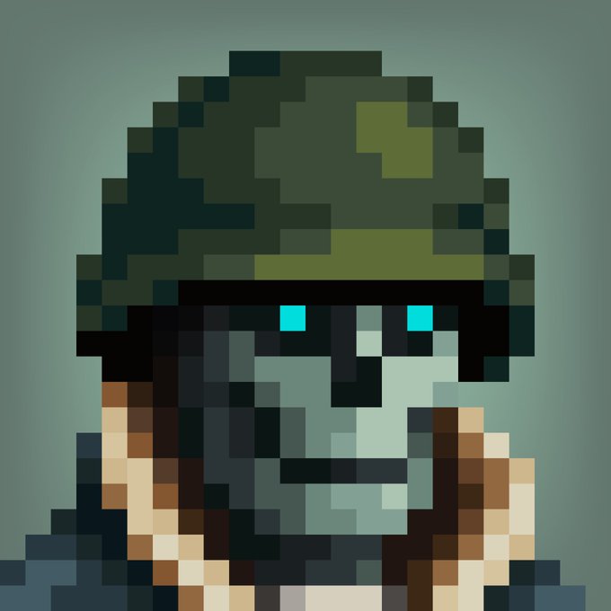 Pixel art portrait of a hooded figure with glowing cyan/blue eyes against a dark green background.