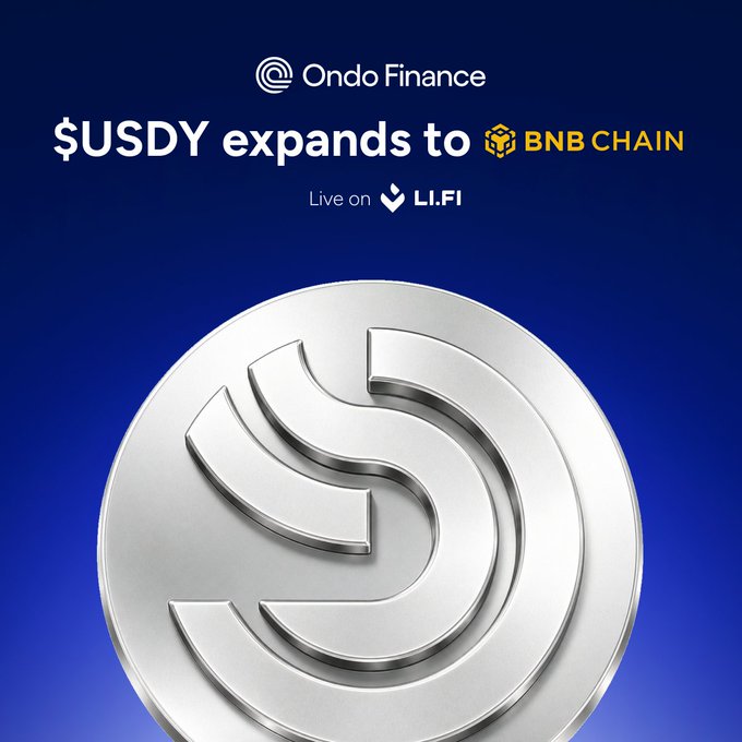 Ondo Finance announces the expansion of $USDY, its yield-bearing U.S. Treasury token, to BNB Chain, powered by LI.FI for cross-chain access and optimal price execution.