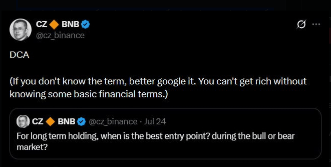 A tweet from CZ Binance (@cz_binance) advising followers about 'DCA' (Dollar-Cost Averaging) as a long-term holding strategy, suggesting they google the term if unfamiliar.