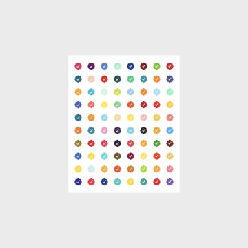A grid pattern of colorful pixel-art dots arranged in rows and columns on a white background.