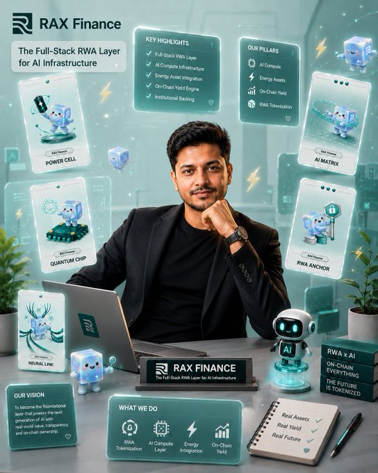 The image features a man sitting at a desk, surrounded by various objects related to RAX Finance. The man appears to be a business owner or an AI enthusiast who has just received a collection of RAX Fragments from Rax Finance. There are several pieces displayed on the desk, including a laptop and a robot figurine. The post also mentions that the collection is in its early stages and that the momentum feels real. It seems like the man is excited about the new additions to his collection or is discussing them with someone else who has received the Fragments from Rax Finance.