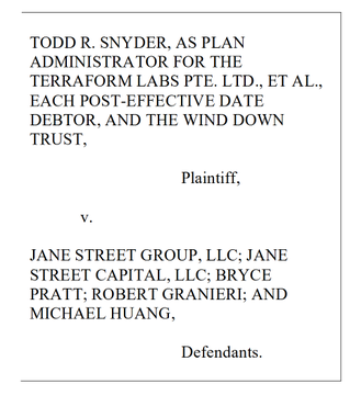 The image shows a letter written by Todd R. Snyder as an administrative assistant for the terraform labs pte, LTD. The letter discusses the terms of a contract between Jane Street Group, LLC and the terra native assets of Jane Street Capital. It also mentions that the company is willing to accept a promissory note in exchange for the land. The purpose of this letter appears to be related to a legal matter or transaction involving real estate.
