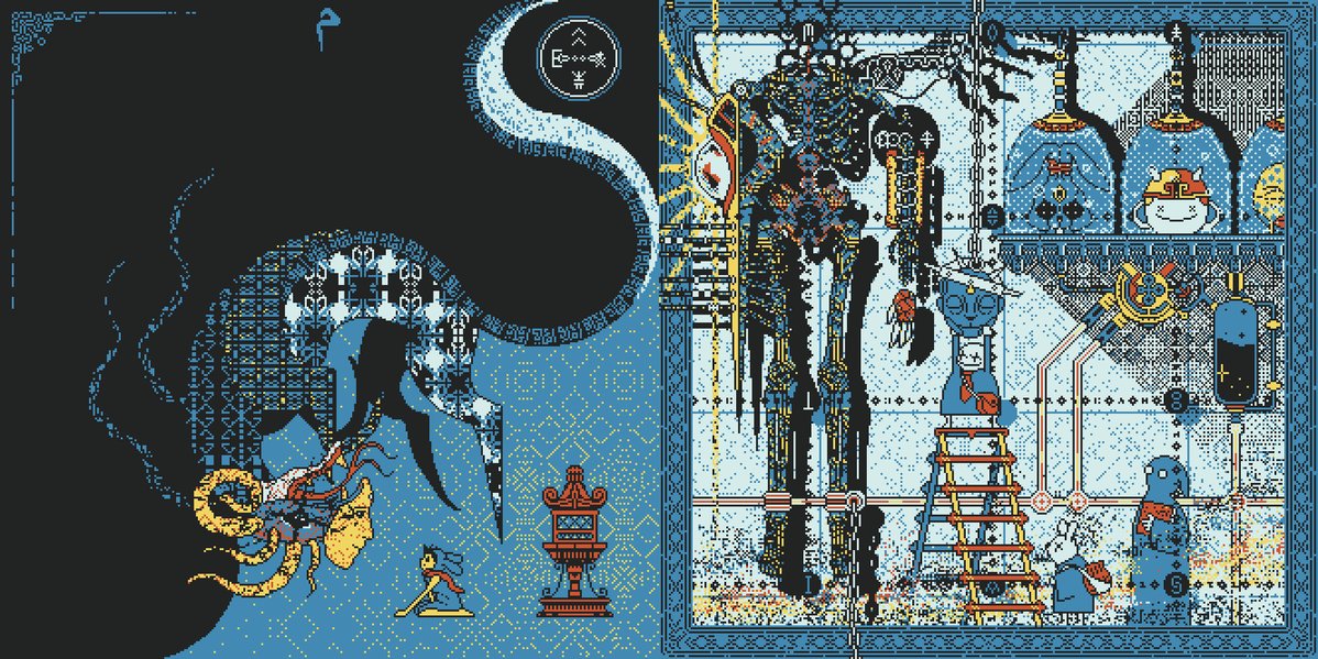 The image features a digital art piece with a blue background, showcasing an illustration of a dragon and a person. The artwork is displayed in two sections, one above the other, separated by a vertical line. Below this, there are two posts on social media platforms, both related to the artwork. One post is titled "These two are open to offers on @SuperRare", while the other post has a different title and description.