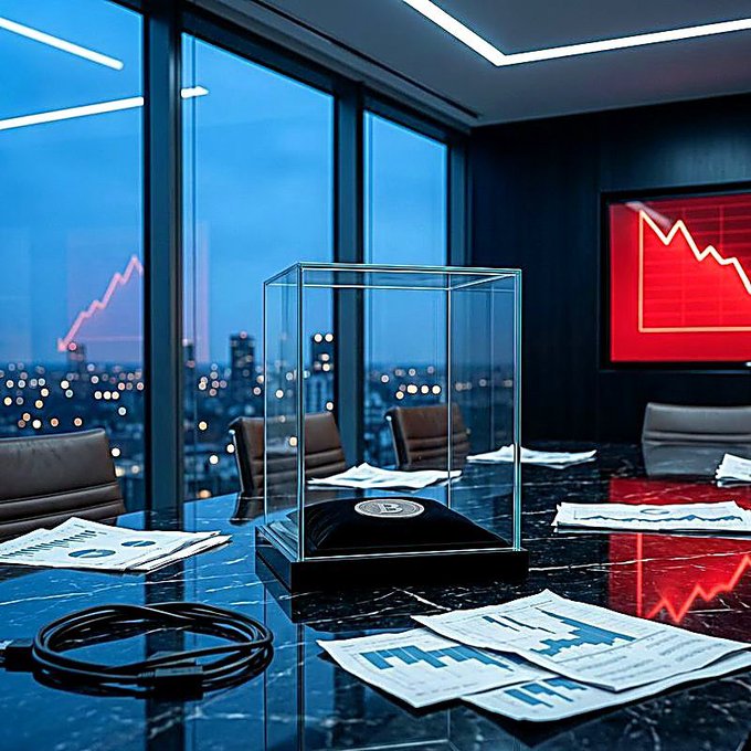 A modern corporate boardroom features a glass display case holding what appears to be a Bitcoin on a black cushion, surrounded by financial documents on a marble table, with city skyline views and red downward-trending stock charts on screens.