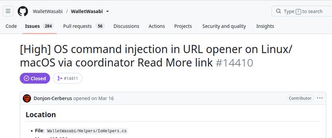 A GitHub issue page on the WalletWasabi repository showing a closed high-severity bug report titled '[High] OS command injection in URL opener on Linux/macOS via coordinator Read More link #14410', opened by user Donjon-Cerberus on Mar 16.