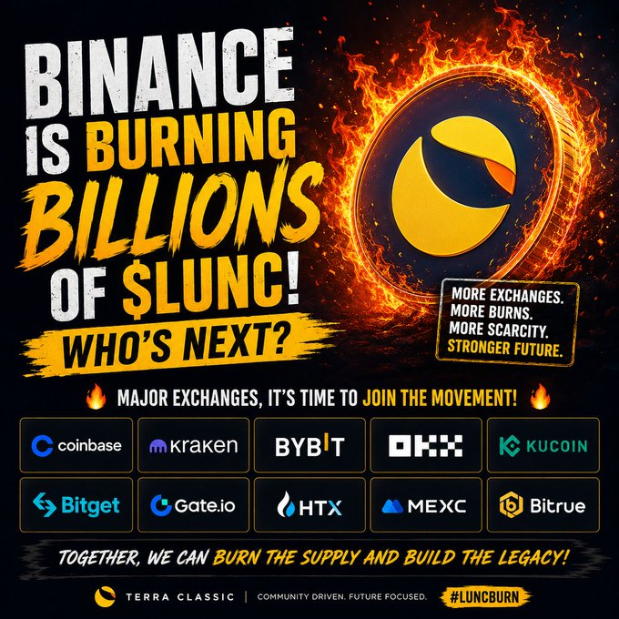A fiery promotional graphic for Terra Classic's #LUNCburn campaign declaring 'Binance is burning billions of $LUNC! Who's next?' alongside logos of major exchanges including Coinbase, Kraken, Bybit, OKX, KuCoin, Bitget, Gate.io, HTX, MEXC, and Bitrue.