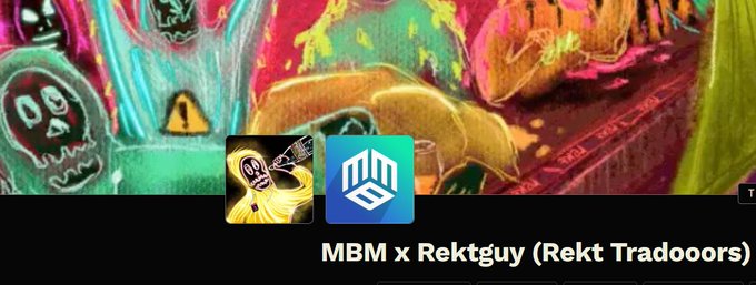 Digital artwork featuring a skull character in a yellow outfit playing a guitar, with the text 'MBM x Rektguy (Rekt Tradoors)' at the bottom alongside two app icons.