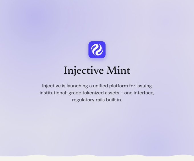 The image displays a promotional graphic for "Injective Mint," featuring the Injective logo (a stylized wave/swirl icon in a purple square) above the title and a description stating: "Injective is launching a unified platform for issuing institutional-grade tokenized assets – one interface, regulatory rails built in." Set against a soft lavender background, the graphic visually reinforces the accompanying post's point about regulatory compliance being a key challenge for RWA (real-world asset) tokenization projects, positioning Injective Mint as the solution by offering built-in regulatory infrastructure for tokenizing stocks, bonds, and real estate.