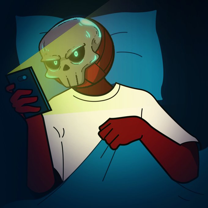 A skeleton-like character wearing a red hood lies in bed in the dark, looking at a phone with glowing green eyes illuminated by the screen's light.