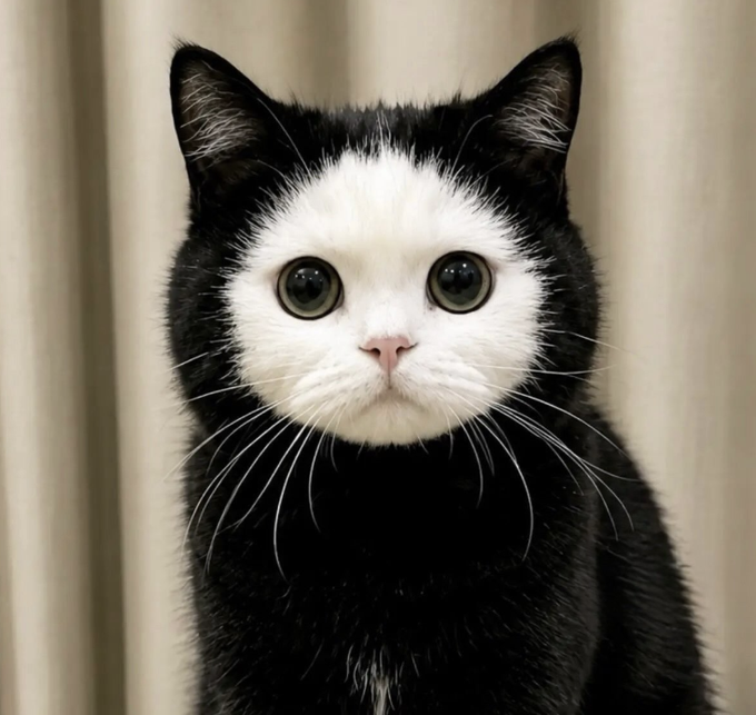 A close-up portrait of a black and white tuxedo cat with large green eyes staring directly at the camera against a softly blurred beige curtain background.
