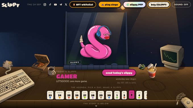 A retro 80s-themed website for 'SLIPPY' features a pink snake mascot wearing headphones in a framed picture, with a 'send today's slippy' button, a 'TODAY'S SLIPPY GAMER' calendar, and nostalgic items like a keyboard, old TV, and pizza on a desk.
