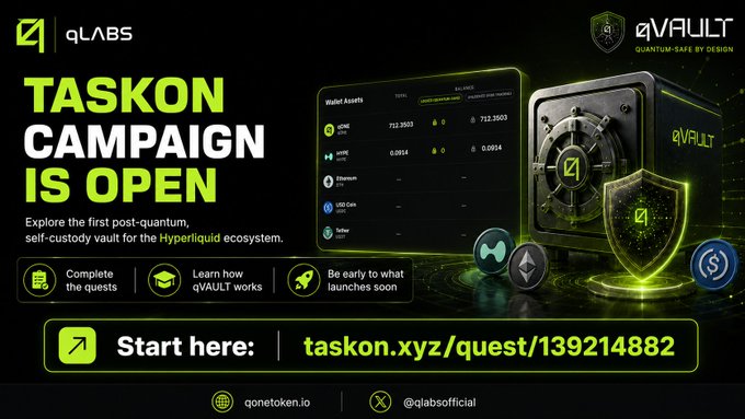 The image features an advertisement for a campaign called "Taskon Campaign" that is open for public use. It appears to be related to a video game or a virtual world where players can complete various tasks using their skills, such as finding hidden items or solving puzzles. The text in the image encourages users to participate and learn more about the campaign by completing simple quests. The background of the image is black with green elements that make it stand out.