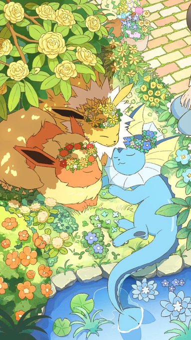 A colorful illustration of Pokémon Eevee and Vaporeon wearing flower crowns, surrounded by roses, daisies, and a small garden pond.