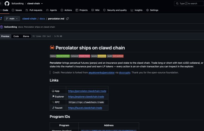 GitHub page for “Solarzarking / clawd-chain” showing a document titled “Percolator ships on clawd chain,” with links for the App, Explorer, RPC, and Faucet.