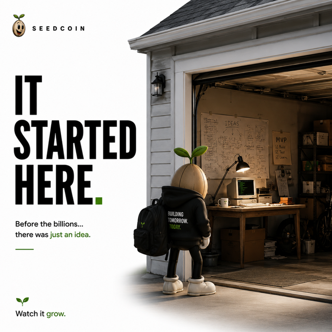 In this image for Seedcoin, a "seed" character stands at the entrance of a garage, symbolizing that great ideas start small. The accompanying post "Watch it grow." directly relates to the visual narrative of humble beginnings leading to future success.