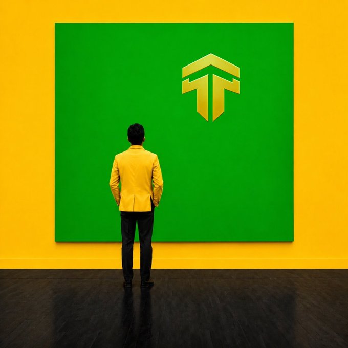 A man in a yellow blazer stands with his back to the viewer, gazing at a large green and gold geometric logo mounted on a yellow wall.