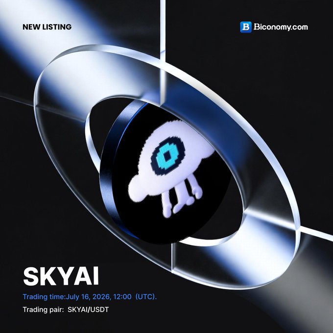 A promotional graphic announcing SKYAI's new listing on Biconomy.com, featuring a stylized circular logo with a UFO-like character design against a metallic ring, with text reading "NEW LISTING," "SKYAI," and trading details: "Trading time: July 16, 2026, 12:00 (UTC)" for the SKYAI/USDT pair.