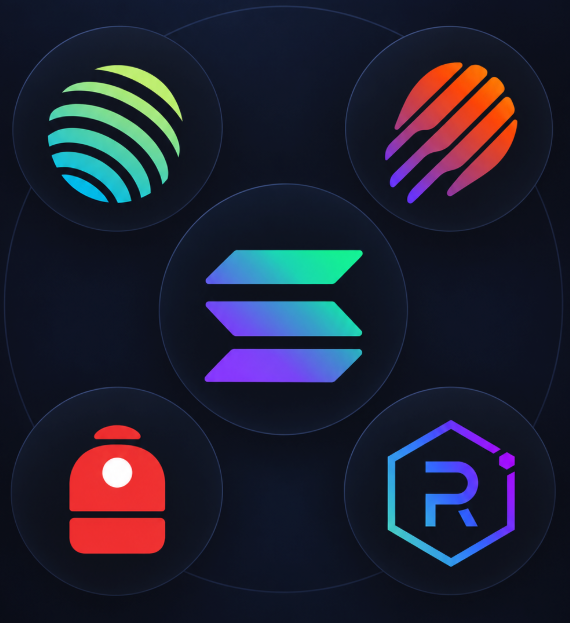 A digital graphic featuring the central Solana logo surrounded by four circular icons representing other blockchain networks and tools, including a green globe and an orange comet-like symbol, set against a dark blue background.
