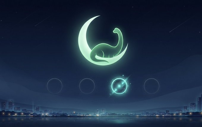 A glowing green crescent moon emblem and serpent figure against a dark night sky with stars and a distant city skyline at night.
