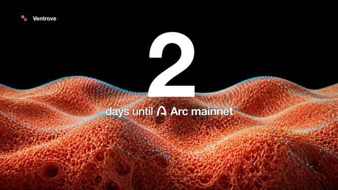 A promotional graphic by Ventrove showing a countdown of '2 days until Arc mainnet' overlaid on a textured, coral-like 3D surface.