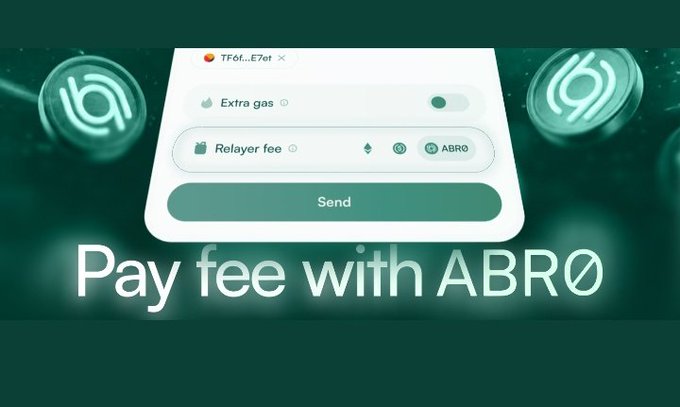 The image shows an advertisement for a payment system called "Pay Fee with ABRO". The main focus of the image is a green screen displaying the payment system's interface, which includes options such as sending money or receiving funds. The text on the screen reads "Pay Fee with ABRO" and "Follow thread to get the best @Allbridge_io Core is now fully integrated with Stacks This is a big step for easier cross-chain moves to the Stacks ecosystem".
