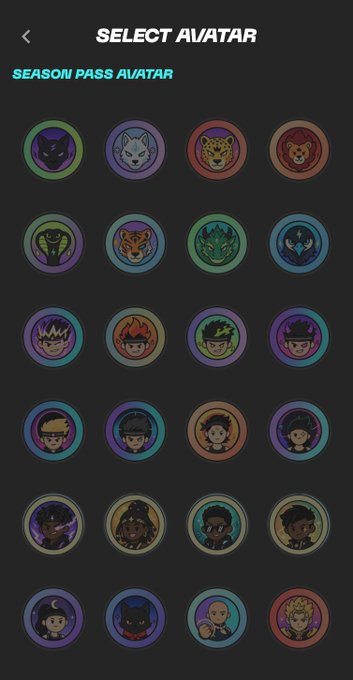 A 'SELECT AVATAR' menu displaying a grid of 'SEASON PASS AVATAR' icons featuring various animal and character designs in colorful circles.