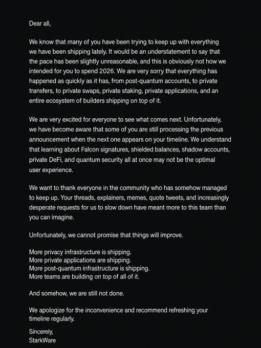 A letter addressed 'Dear all' and signed by 'StarkWare' apologizing for the rapid pace of releases, mentioning Falcon signatures, shielded balances, shadow accounts, private DeFi, and quantum security infrastructure.