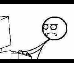 A black and white meme featuring the classic 'Cereal Guy' character with a grumpy expression sitting at a computer keyboard.